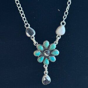 Handmade Sterling Silver Kingman Turquoise & White Buffalo Inlay Necklace — 10"